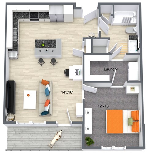 Floor plan for 1 bed, 754 sqft